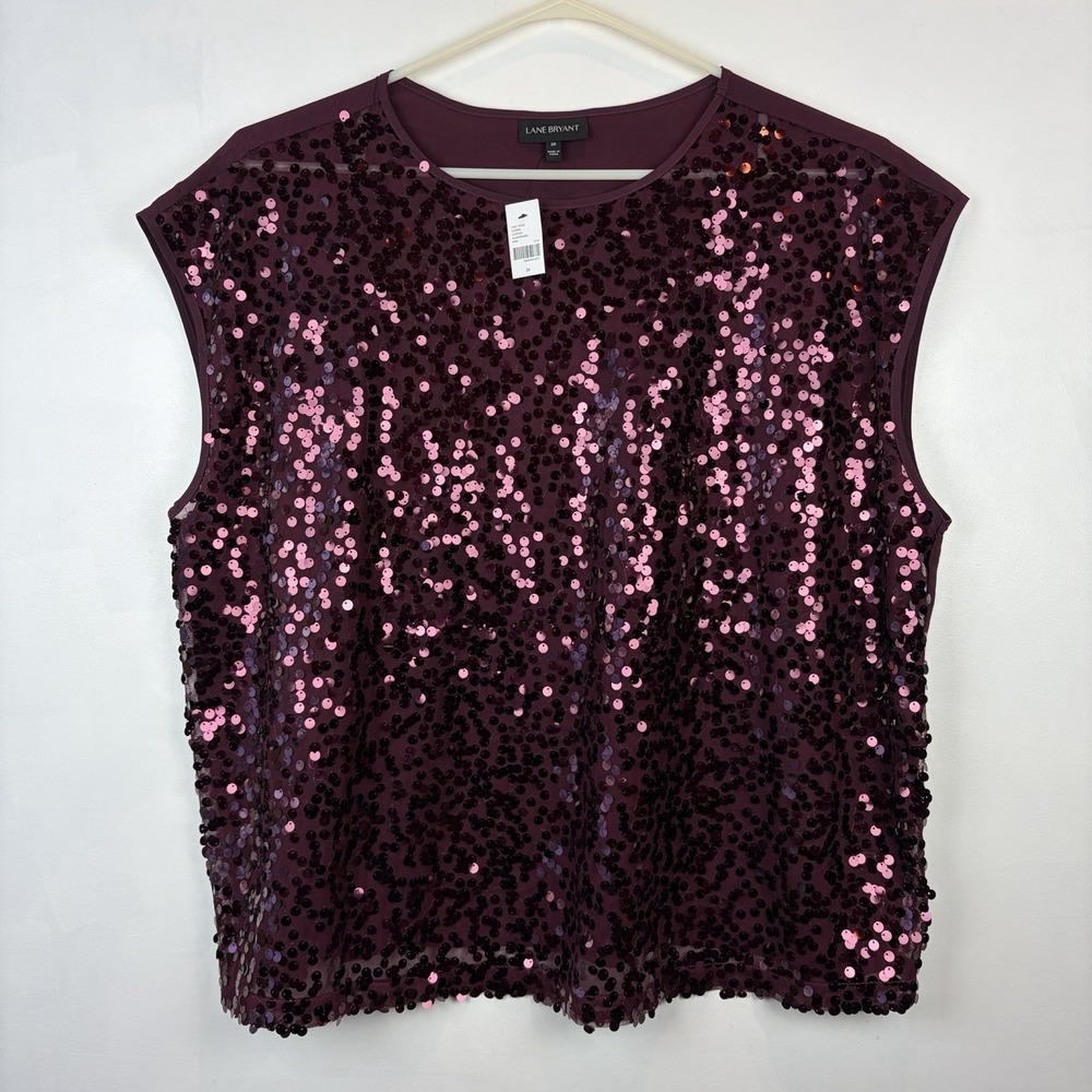Lane Bryant Sequin Top Womens 20 Shirt Plum Sleeveless Burgundy Plus Event New
